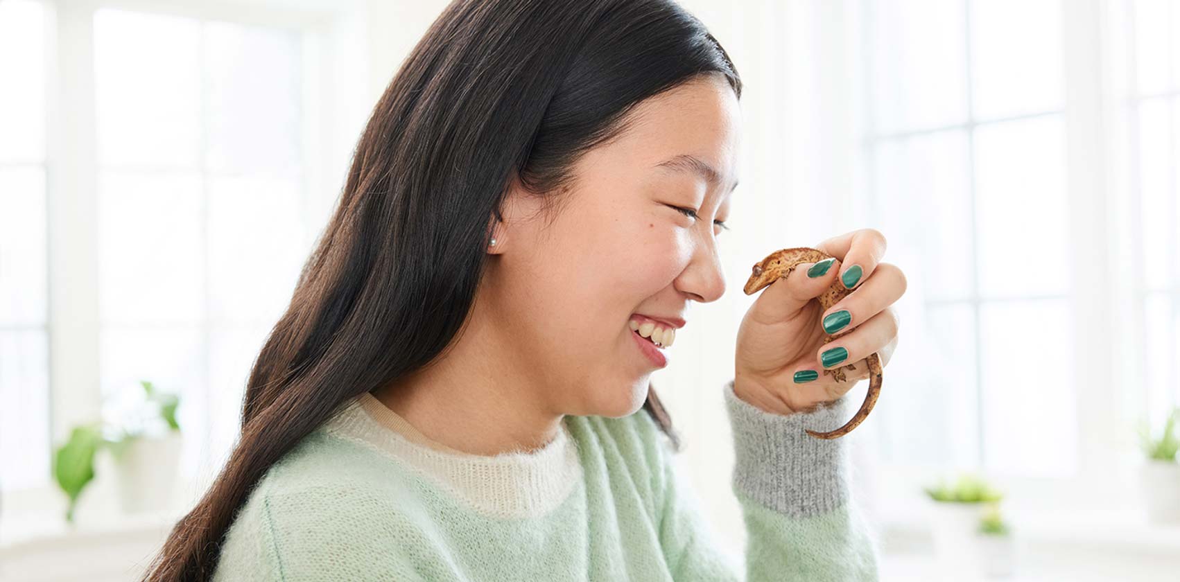 A small gecko is held in the hands of a young girl 