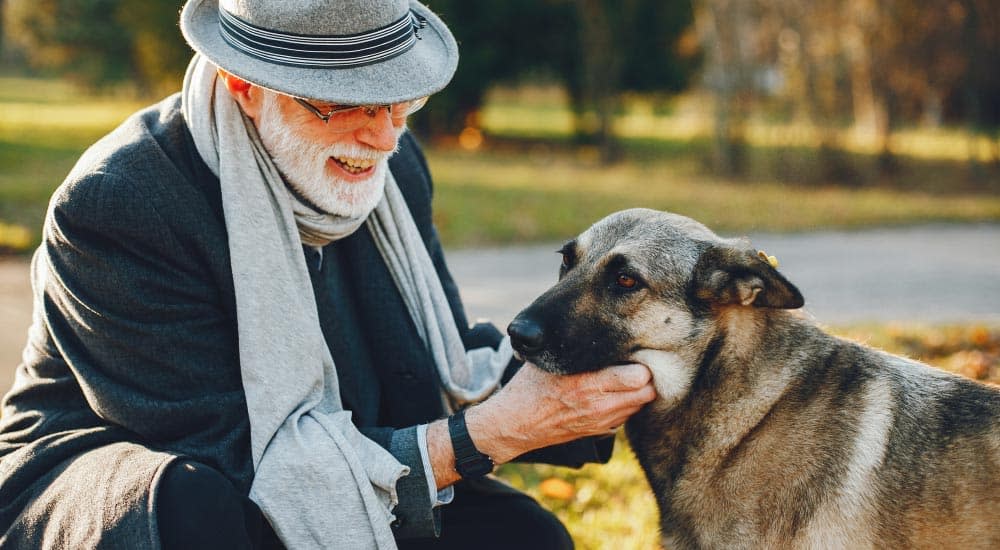 Older man kneeling and giving his dog some scratches in an urban park setting