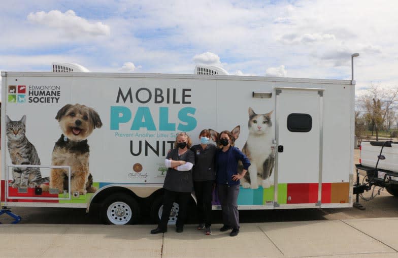 Three shelter works pose in front of a trailer decorated with images of cats and dogs