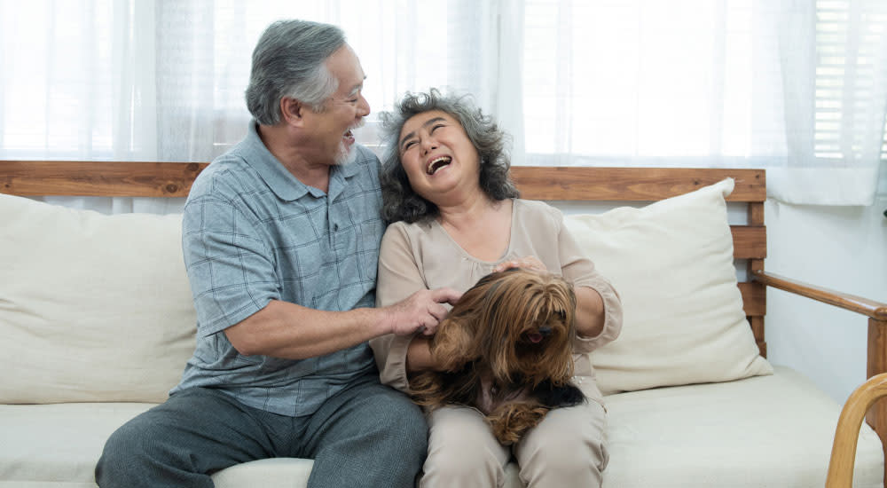 Happy senior couple petting their dog in their home
