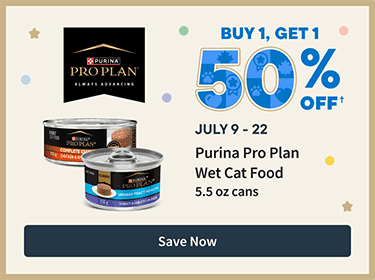 Purina Pro Plan Buy1, Get 1 50% Off. July 9-22. Save Now