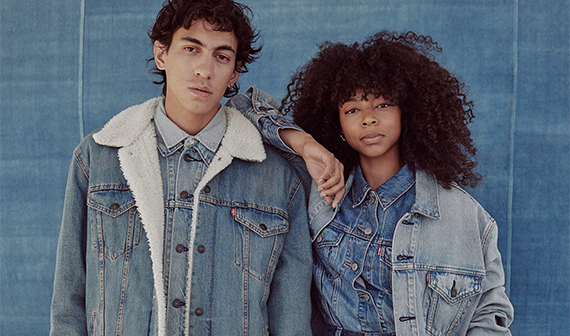 2 models in Levi jean jackets