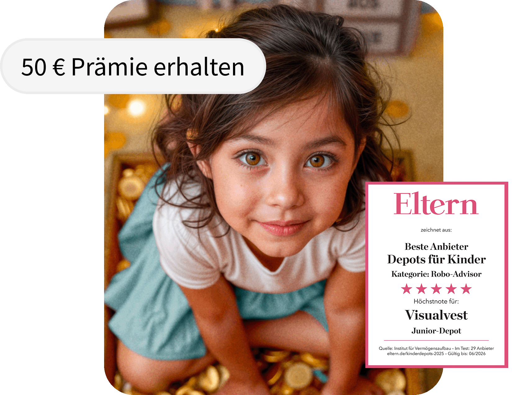 Ein junges Mädchen mit dunklen Haaren schaut freundlich nach oben. Im Hintergrund goldene Münzen. Im Bild befinden sich die Texte: „50 € Prämie erhalten“ und „Prämien-Code: Alina“.