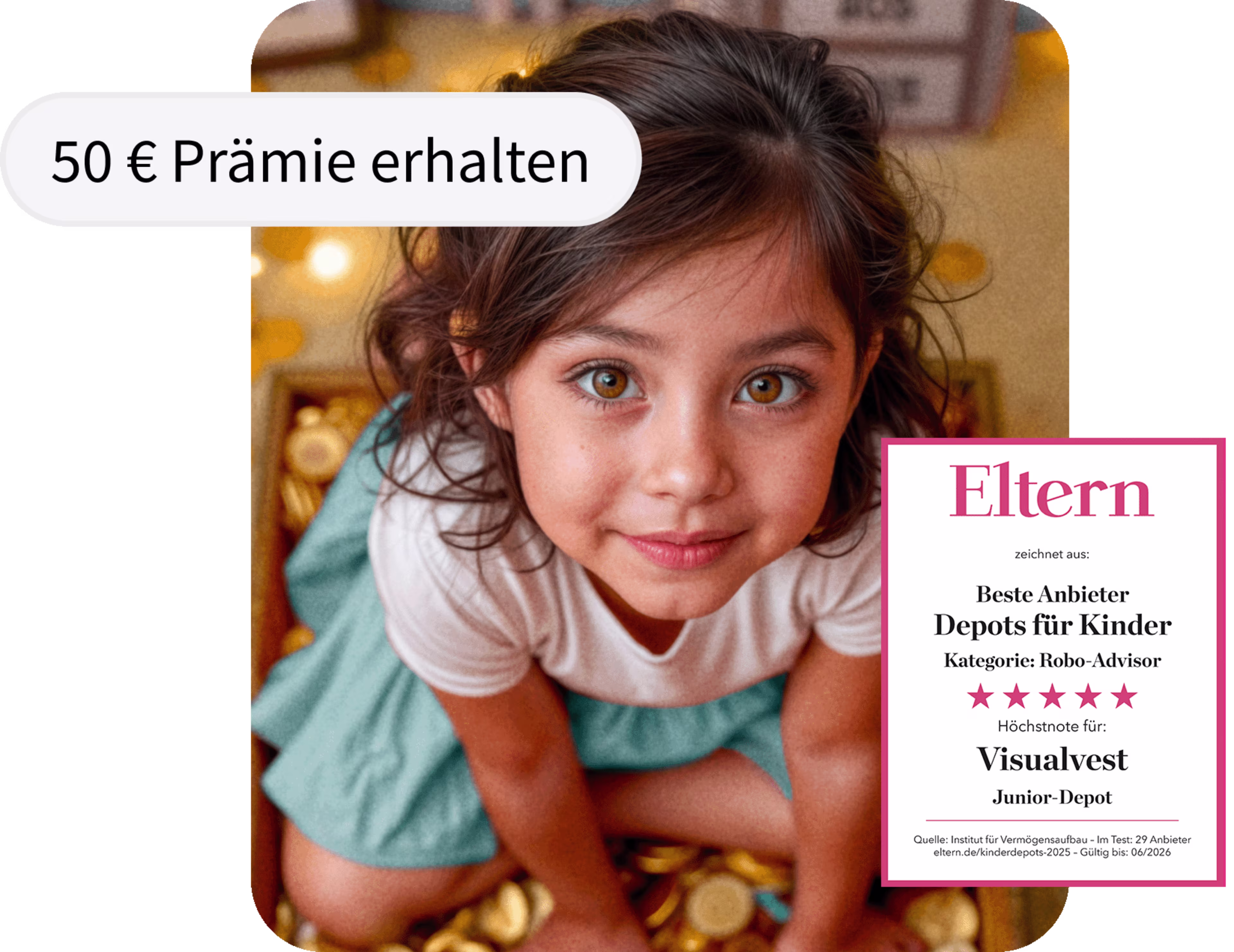 Ein junges Mädchen mit dunklen Haaren schaut freundlich nach oben. Im Hintergrund goldene Münzen. Im Bild befinden sich die Texte: „50 € Prämie erhalten“ und „Prämien-Code: Alina“.