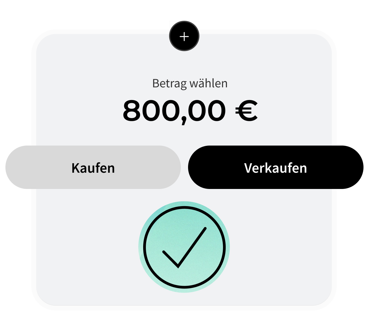 Illustrative Smartphone-Ansicht von SmartCash zur Betragsauswahl: 800,00 € eingestellt, Buttons „Kaufen“ und „Verkaufen“, darunter ein grünes Häkchen als Bestätigungssymbol.