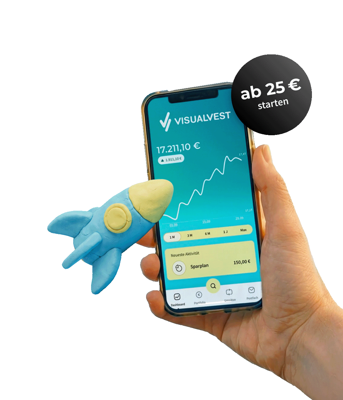 Eine Hand hält ein Smartphone mit der VisualVest-Finanzapp. Daneben fliegt eine Spielzeugrakete aus Knete. Ein Button oben rechts wirbt mit „ab 25 € starten“.