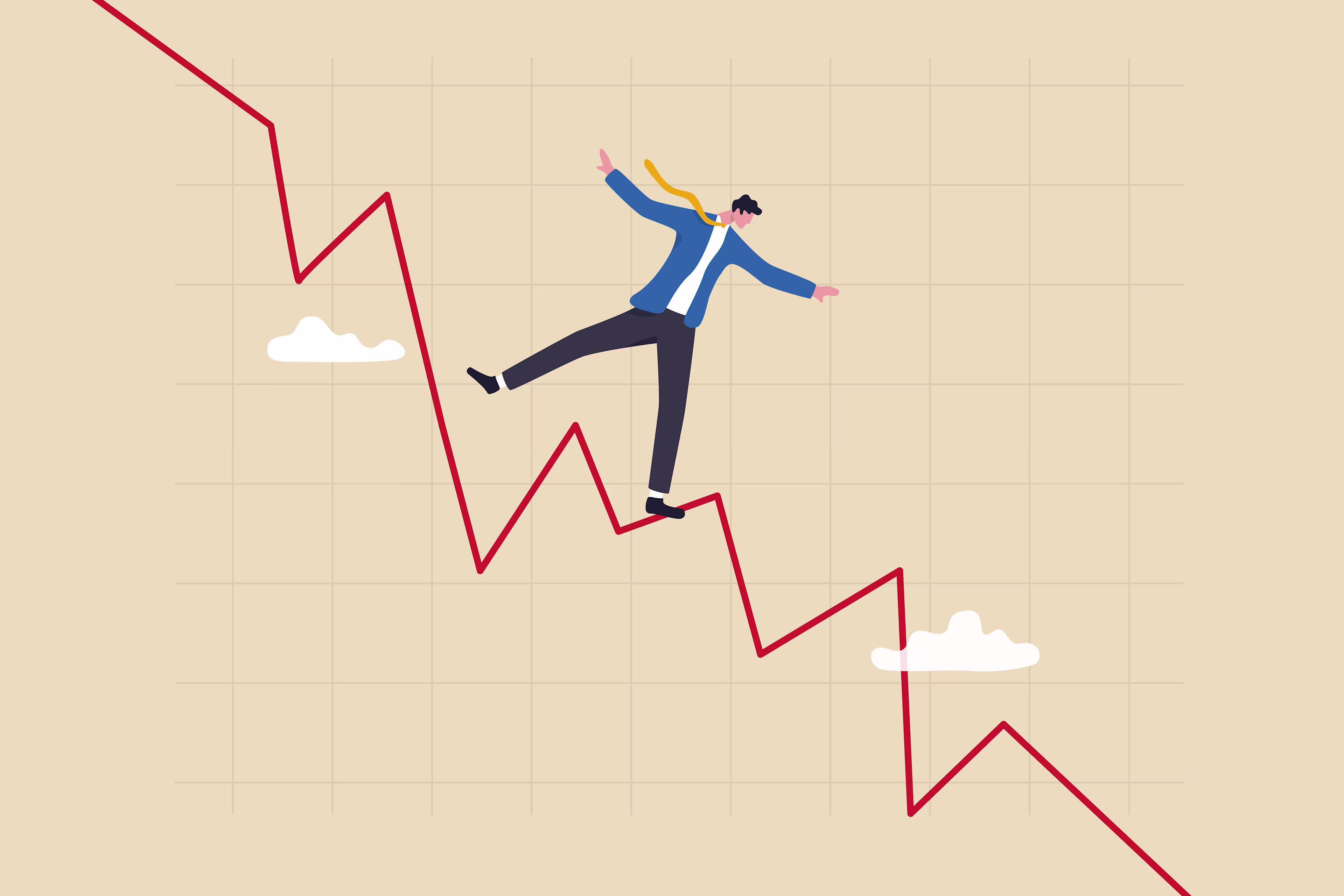 Mann "surft" auf fallendem Kursgraphen