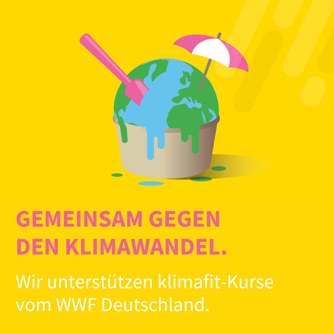 Illustration eines schmelzenden Globus in einem Becher mit Eisschaufel und Sonnenschirm auf einem gelben Hintergrund. Darauf steht der Text „Gemeinsam gegen den Klimawandel. Wir unterstützen klimafit-Kurse vom WWF Deutschland.“