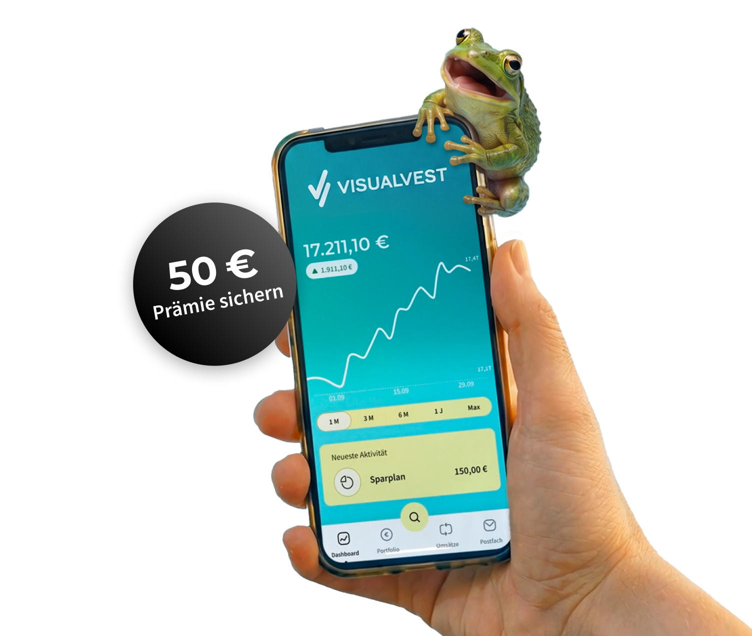 Eine Hand hält ein Smartphone mit einer Finanz-App und einem Graphen. Auf dem Gehäuse sitzt ein kleiner grüner Frosch, daneben ein Button mit „50 € Prämie sichern“.