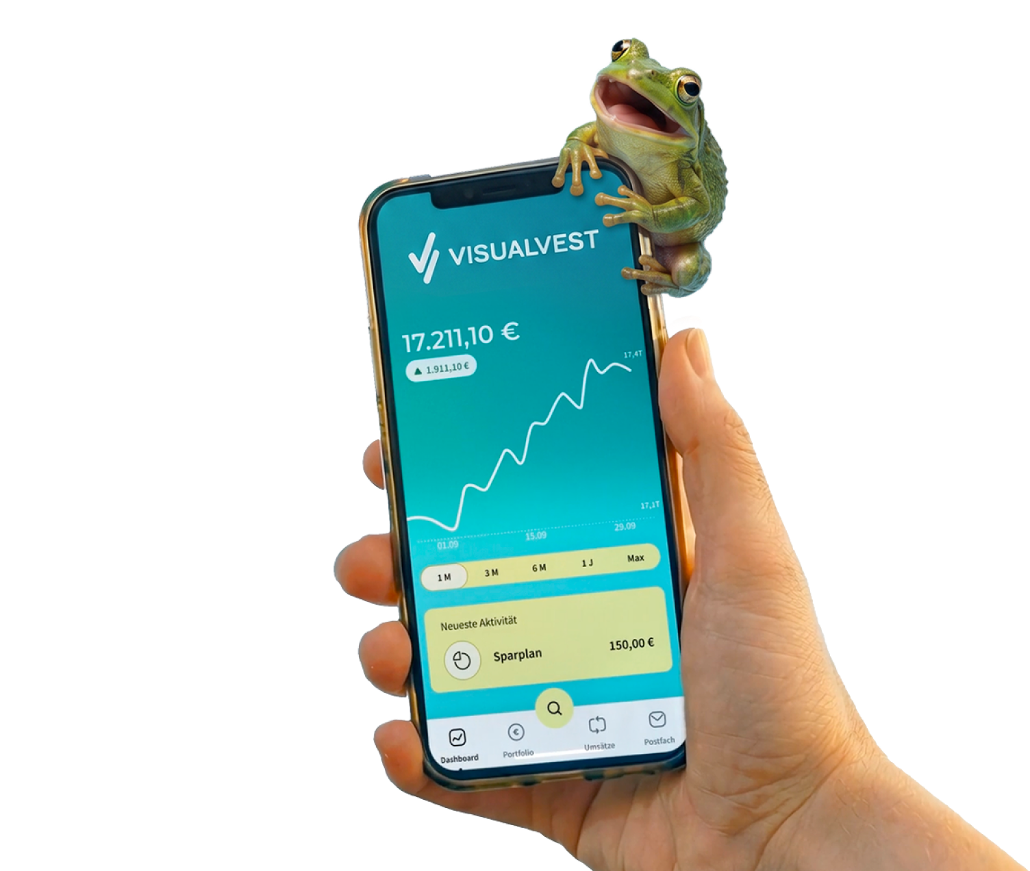Eine Hand hält ein Smartphone mit einer Finanz-App und einem Graphen. Auf dem Gehäuse sitzt ein kleiner grüner Frosch, daneben ein Button mit „50 € Prämie sichern“.