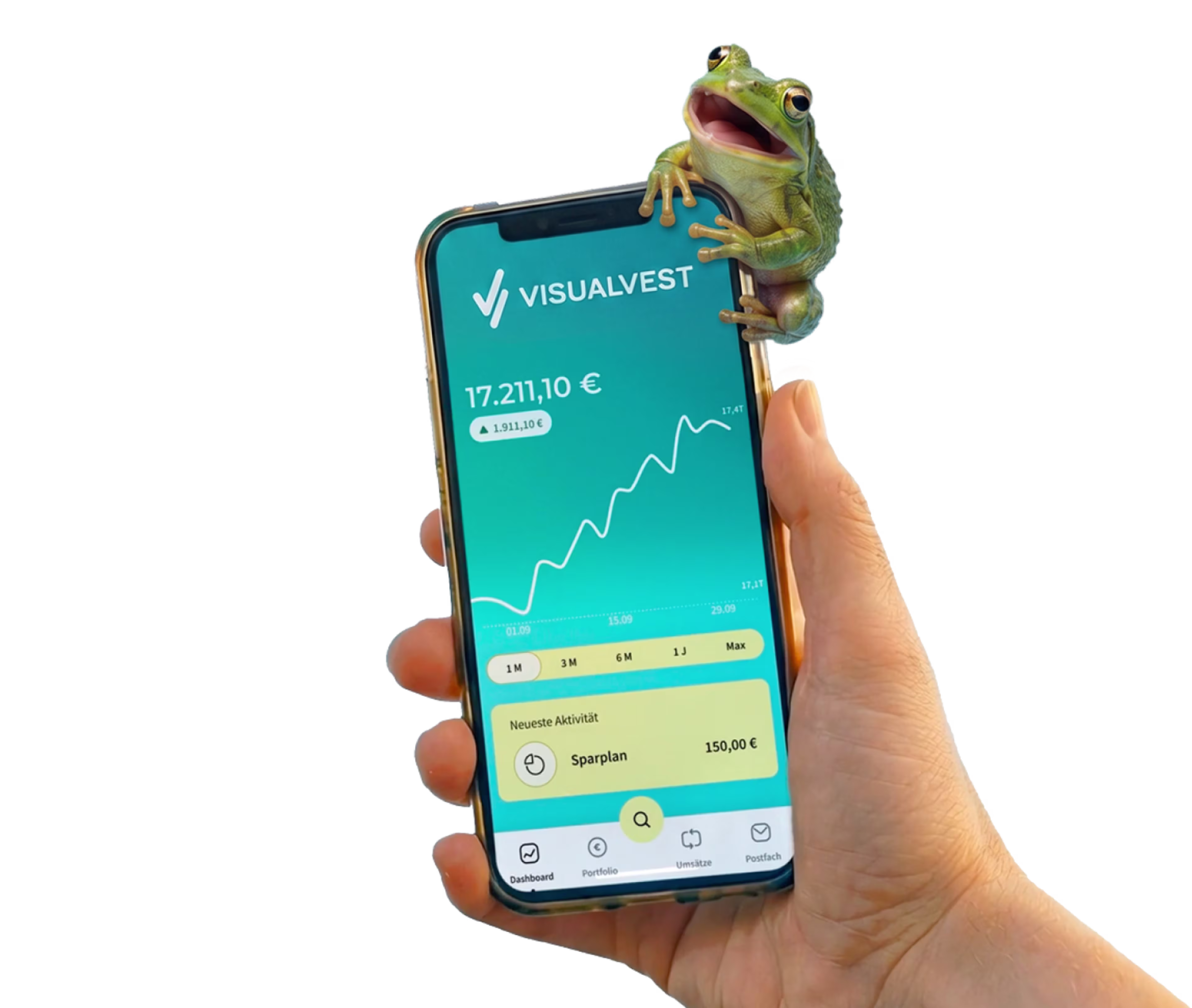 Eine Hand hält ein Smartphone mit einer Finanz-App und einem Graphen. Auf dem Gehäuse sitzt ein kleiner grüner Frosch, daneben ein Button mit „50 € Prämie sichern“.