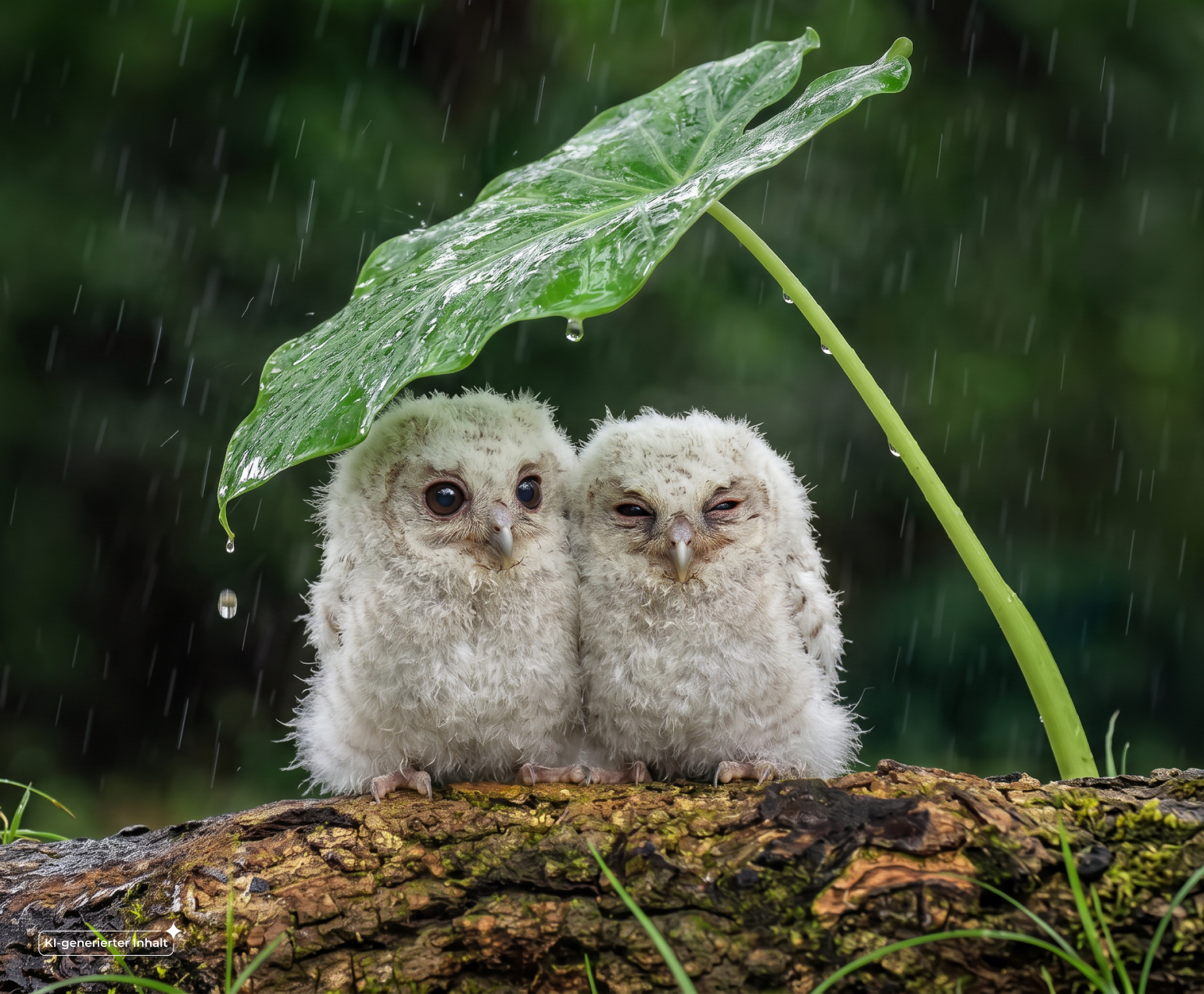 Zwei Eulen sitzen zusammengekuschelt unter einem grünen Blatt, das sie vor Regen schützt