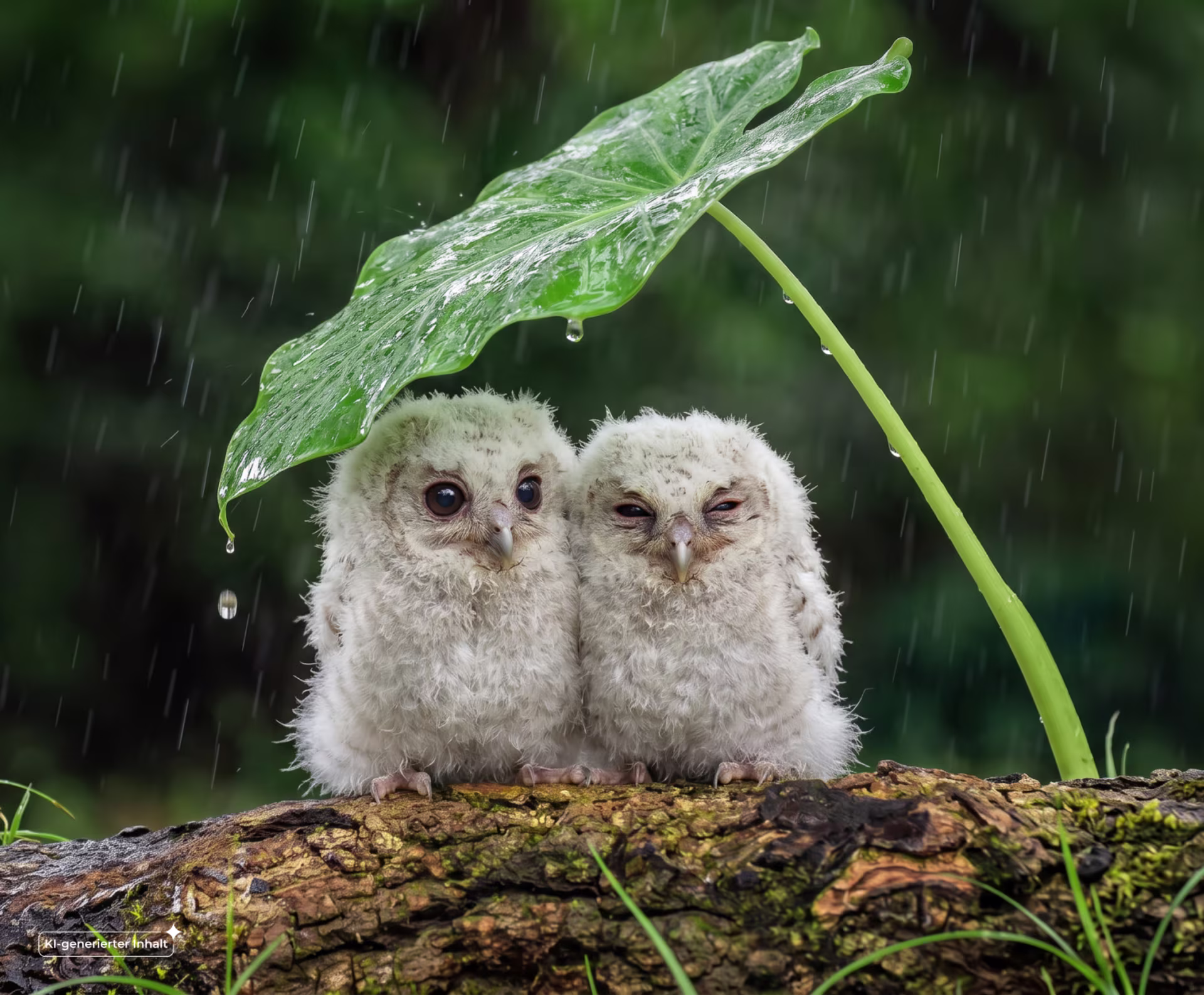 Zwei Eulen sitzen zusammengekuschelt unter einem grünen Blatt, das sie vor Regen schützt