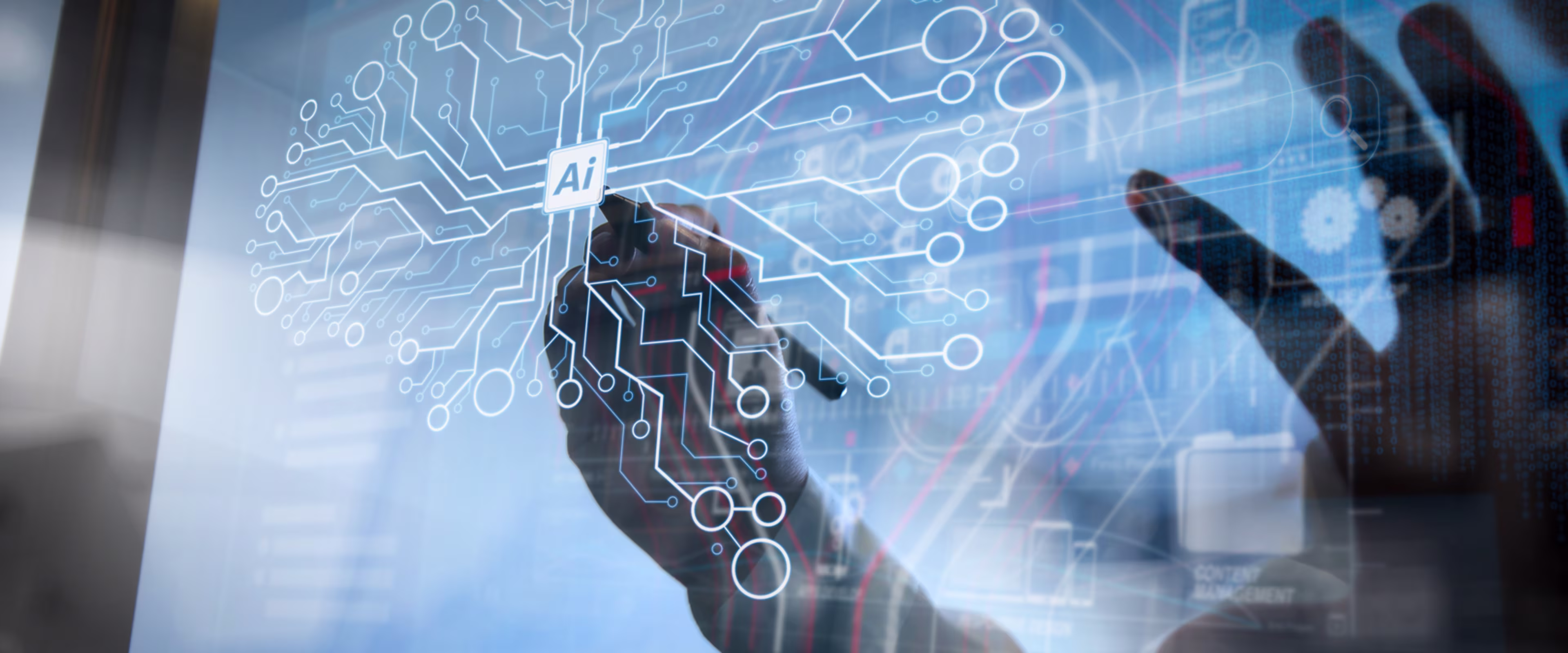 Künstliche Intelligenz visualisiert als digitale Knotenpunkte in Form eines menschlichen Gehirns