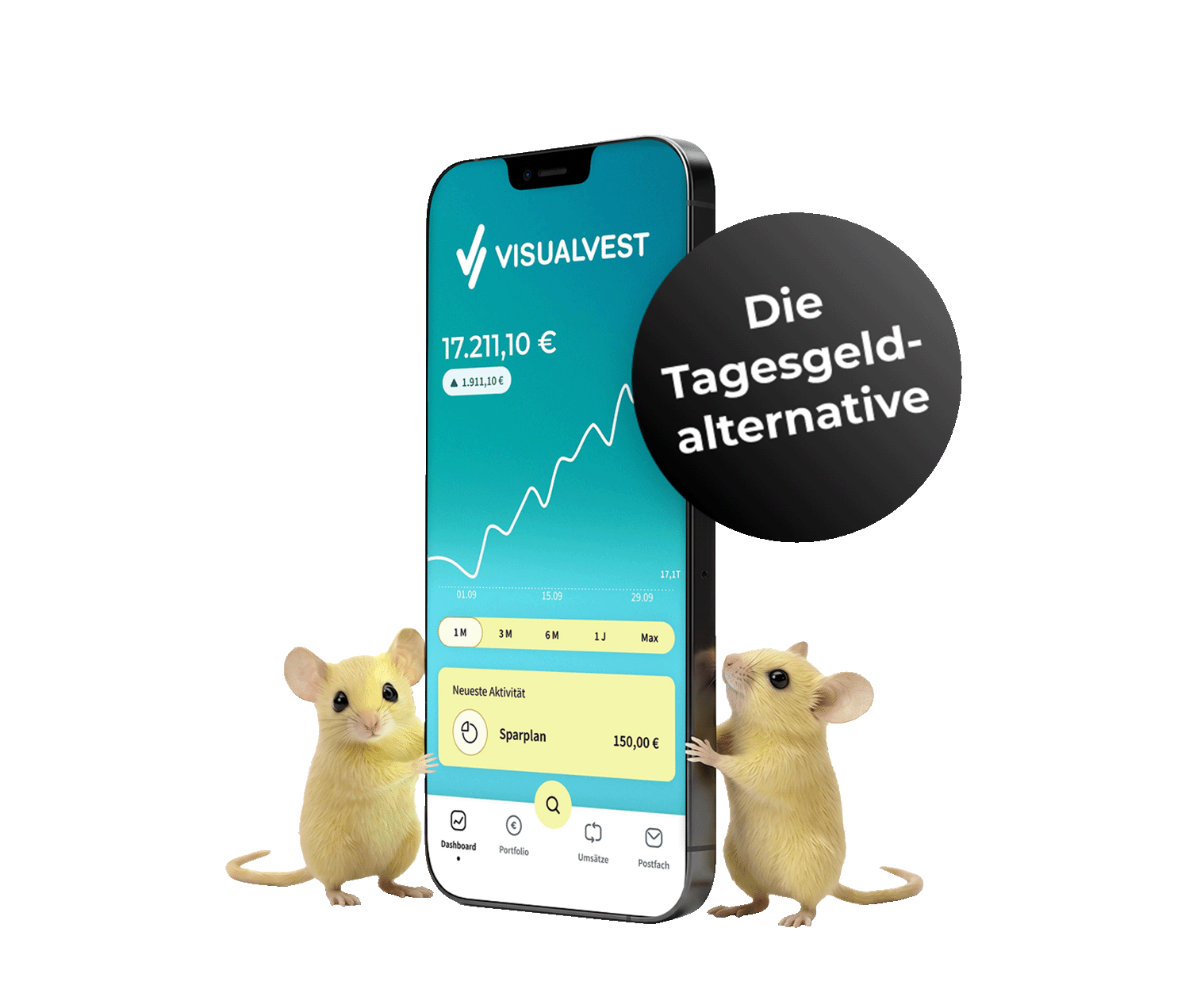 Ein Smartphone mit einer Finanz-App, flankiert von zwei kleinen Mäusen, daneben ein Button mit „Die Tagesgeldalternative“.