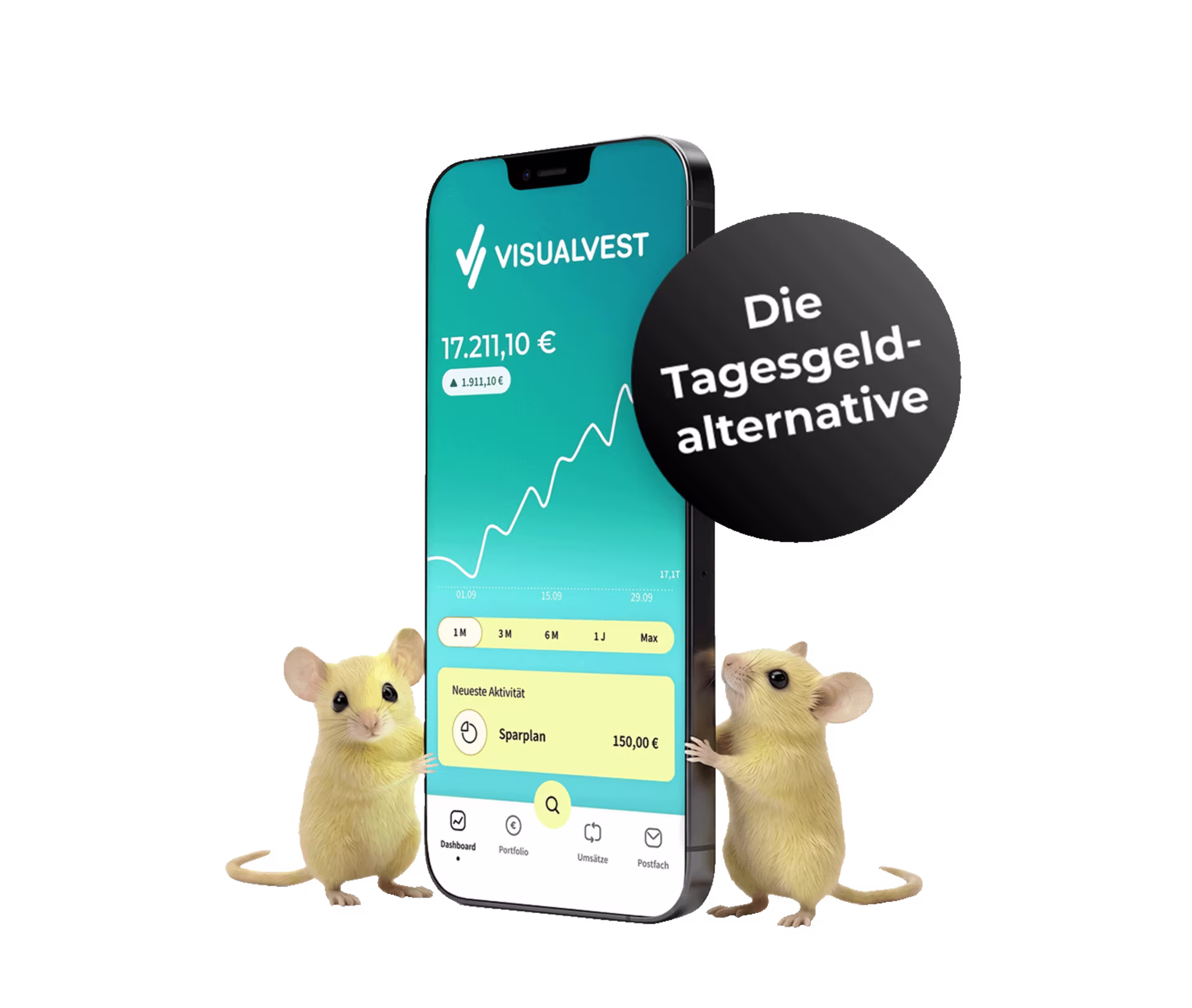 Ein Smartphone mit einer Finanz-App, flankiert von zwei kleinen Mäusen, daneben ein Button mit „Die Tagesgeldalternative“.