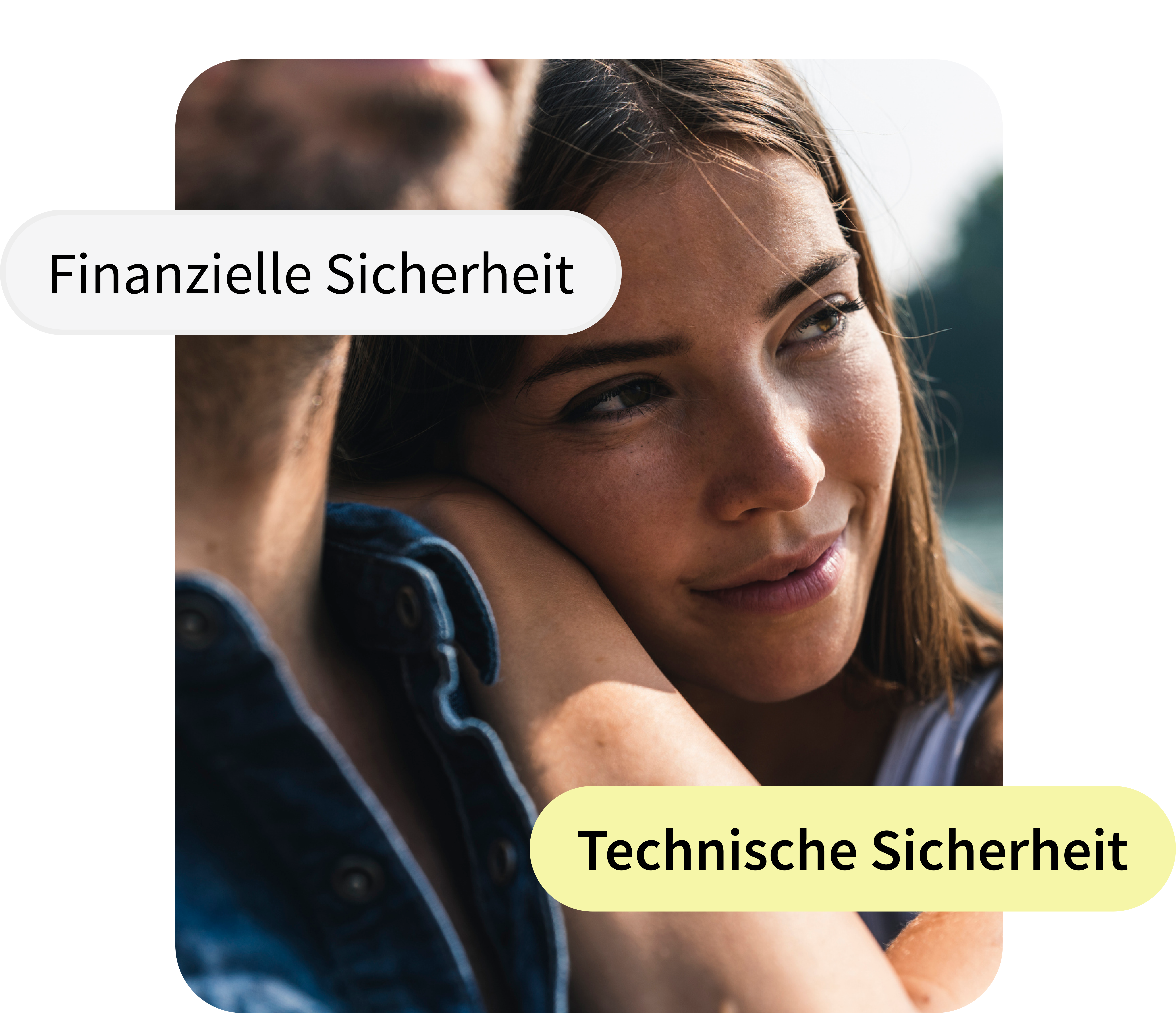 Junge Frau lehnt sich vertrauensvoll an die Schulter einer Person. Im Bild befinden sich zwei Textelemente: „Finanzielle Sicherheit“ und „Technische Sicherheit“.