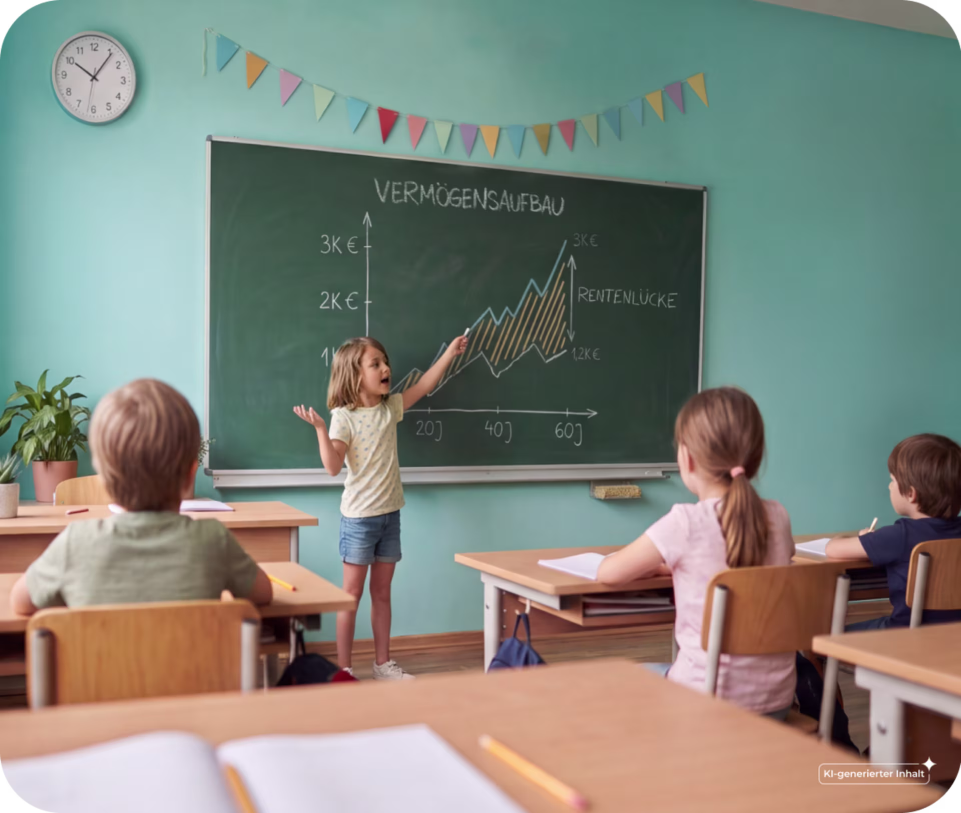 Kind steht vor einer Tafel, auf der ein Diagramm mit der Überschrift "Vermögensaufbau" aufgemalt ist.