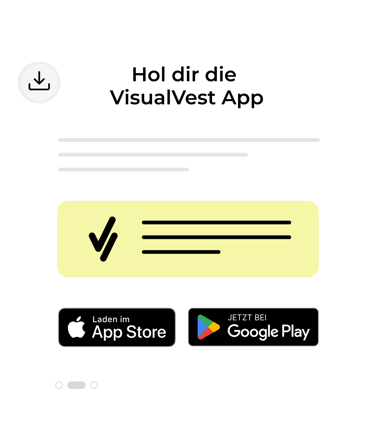 Grafik mit der Überschrift: Hol dir die VisualVest App. Darunter das VisualVest-Logo und der Apple App Store und Google Play Store Badge