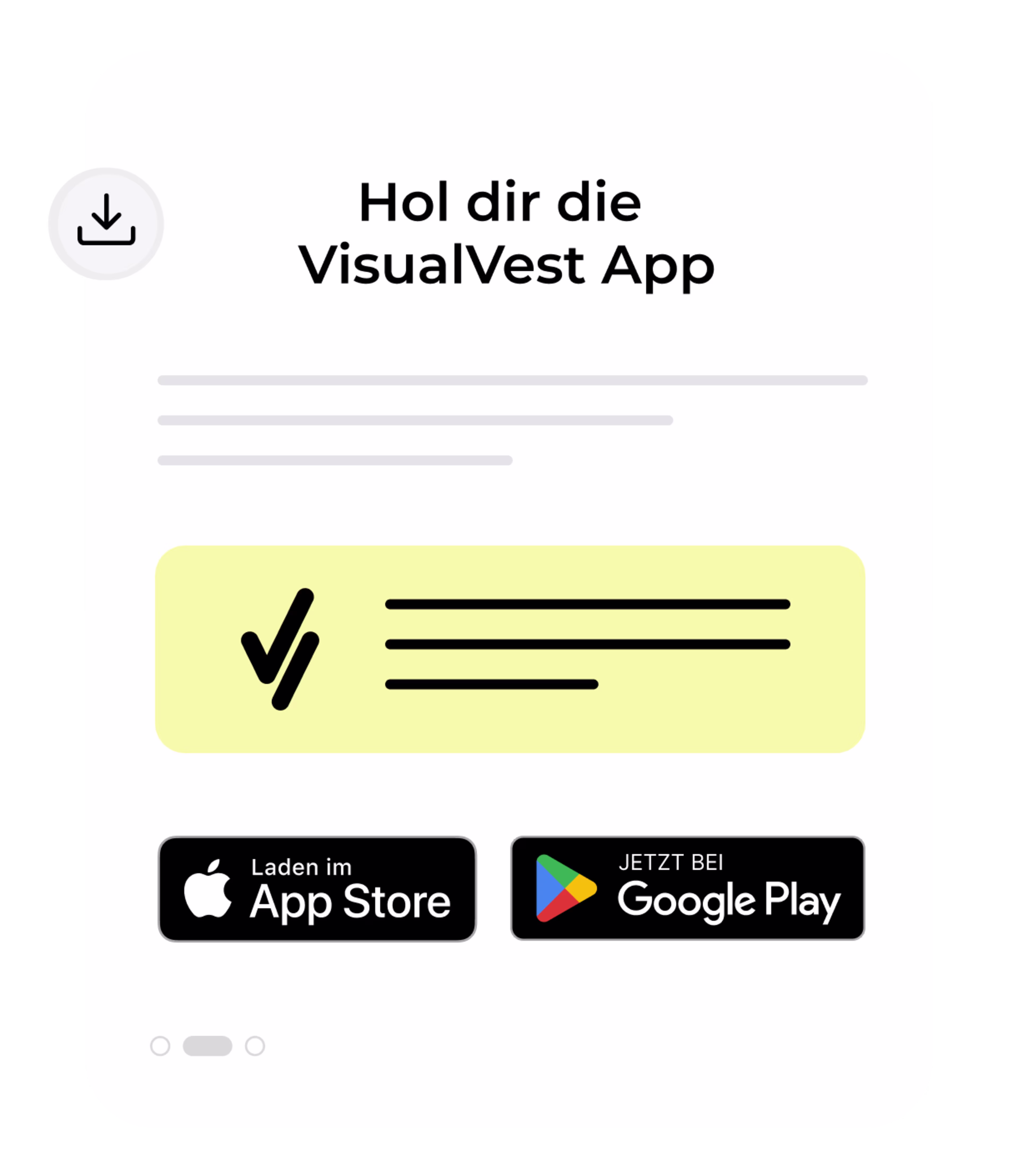 Grafik mit der Überschrift: Hol dir die VisualVest App. Darunter das VisualVest-Logo und der Apple App Store und Google Play Store Badge