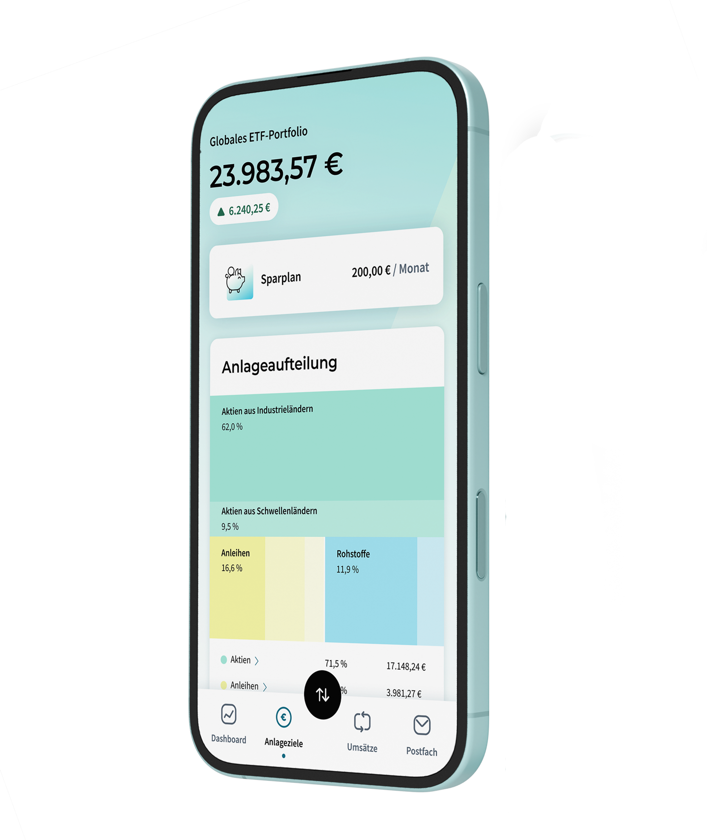 Finanz-App mit ETF-Portfolio über 23.983 €, 200 € Sparrate und Anlageaufteilung nach Anlageklassen.