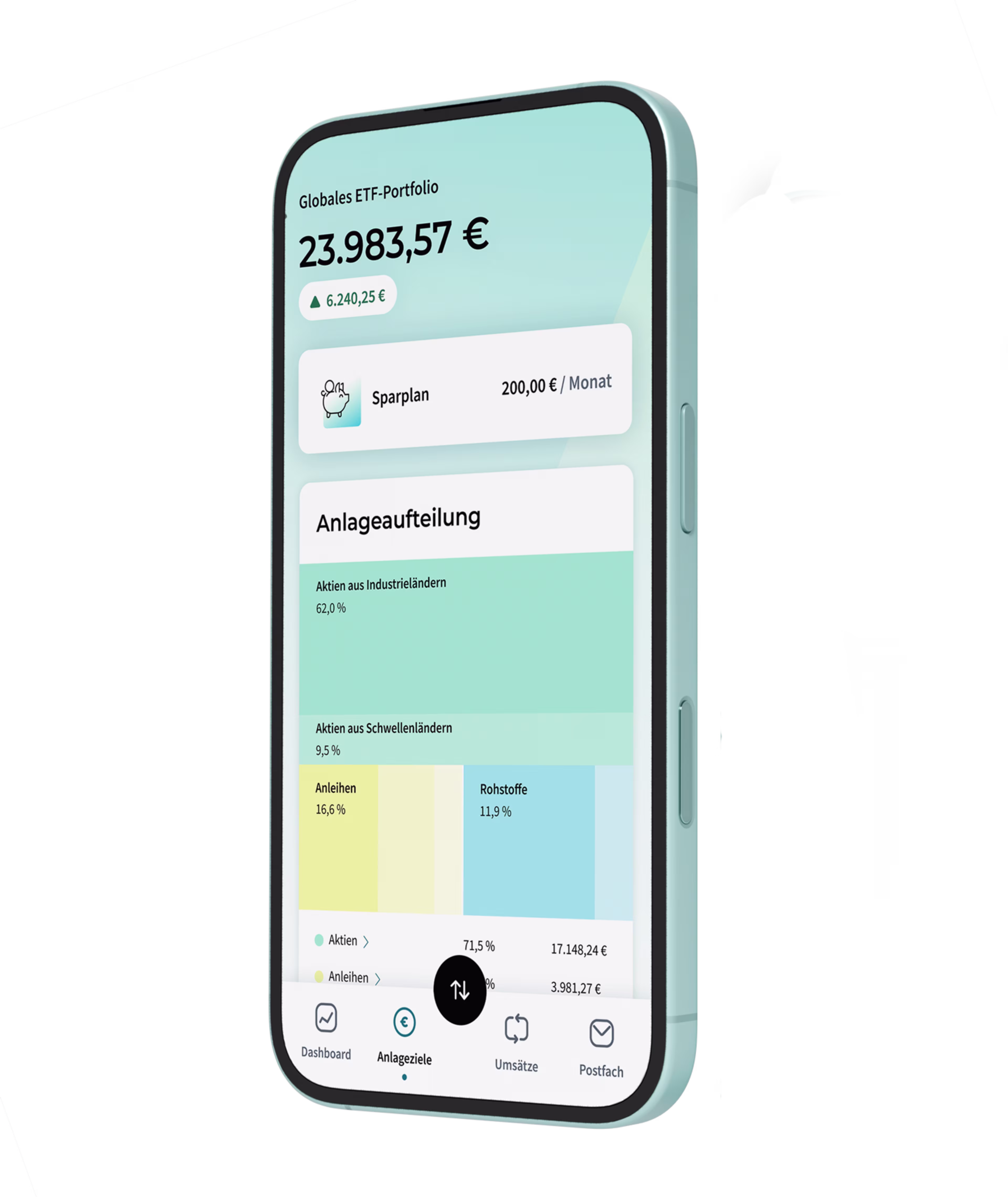 Finanz-App mit ETF-Portfolio über 23.983 €, 200 € Sparrate und Anlageaufteilung nach Anlageklassen.