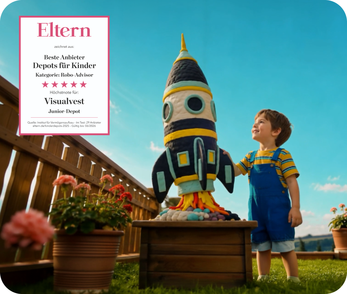 Kind steht neben einer großen Raketenfigur im Garten; eingeblendete Auszeichnung für Visualvest Junior-Depot als bester Robo-Advisor für Kinderdepots.