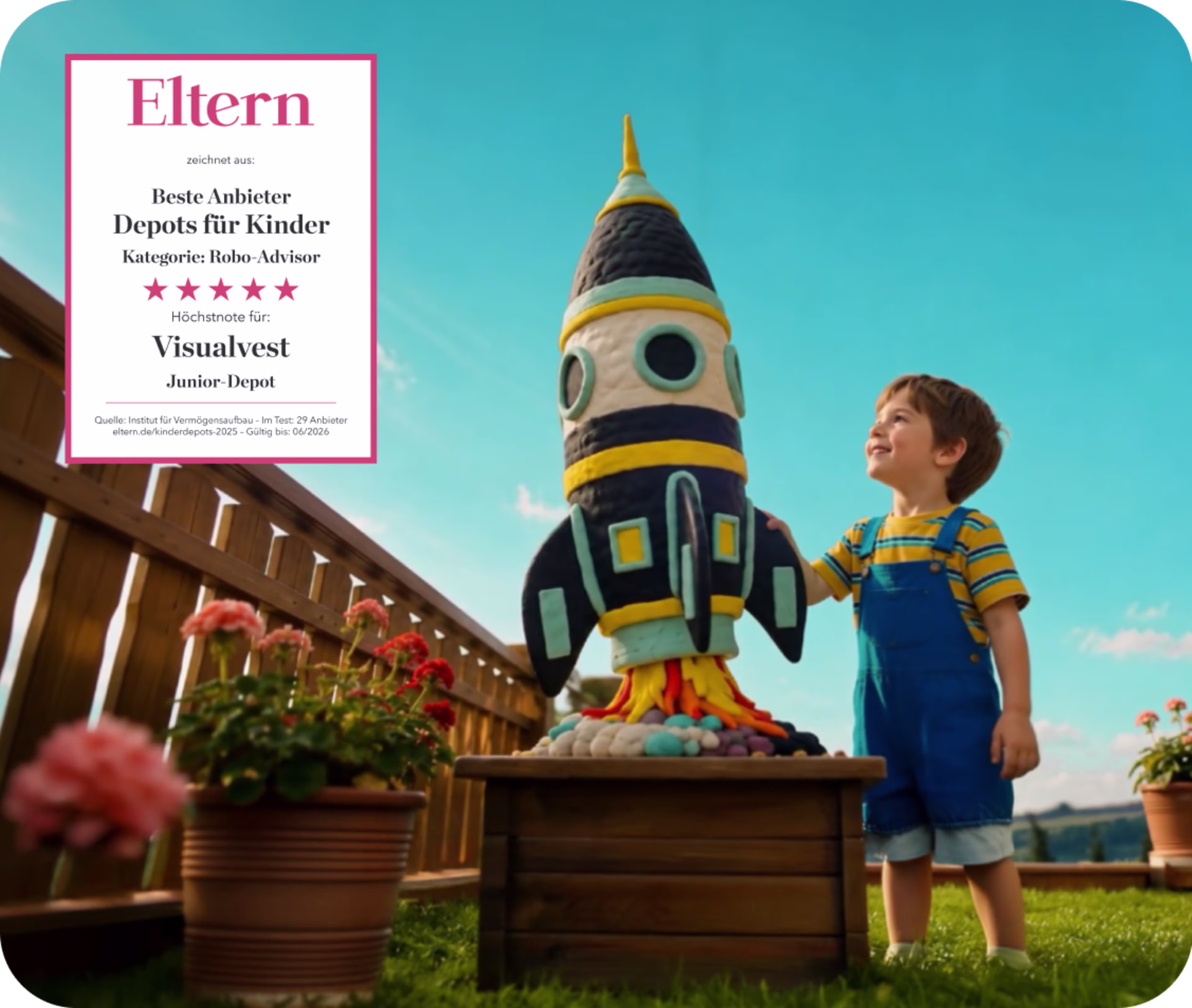 Kind steht neben einer großen Raketenfigur im Garten; eingeblendete Auszeichnung für Visualvest Junior-Depot als bester Robo-Advisor für Kinderdepots.