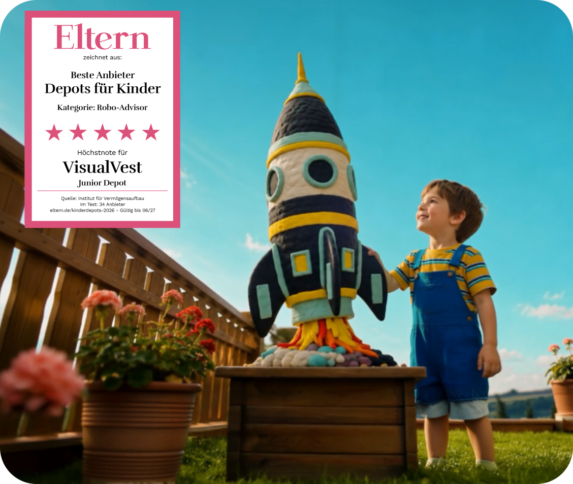 Kind steht neben einer großen Raketenfigur im Garten; eingeblendete Auszeichnung für Visualvest Junior-Depot als bester Robo-Advisor für Kinderdepots.
