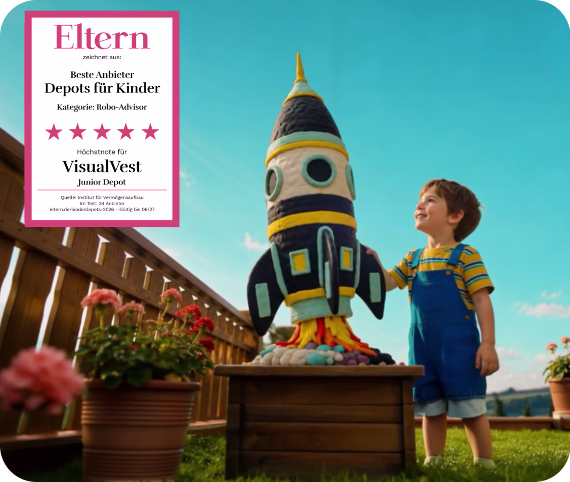 Kind steht neben einer großen Raketenfigur im Garten; eingeblendete Auszeichnung für Visualvest Junior-Depot als bester Robo-Advisor für Kinderdepots.
