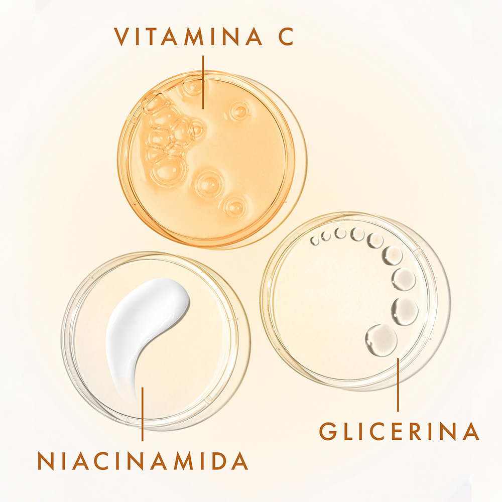 una imagen que muestra los ingredientes - vitamina c, niacinamida, glicerina