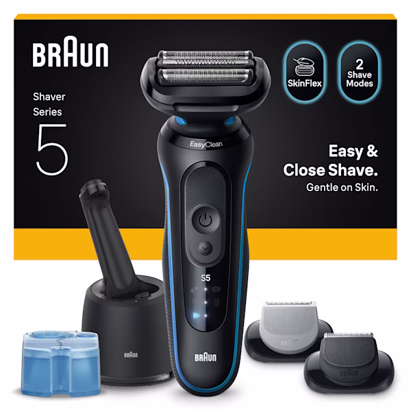 Bild des Series 5 B7650cc Rasierersets mit 4-in-1 SmartCare Reinigungsstation, Reinigungskartusche, Bodygroomer-Aufsatz und Barttrimmer-Aufsatz. Bild des Series 5 B7650cc Rasierersets mit 4-in-1 SmartCare Reinigungsstation, Reinigungskartusche, Bodygroomer-Aufsatz und Barttrimmer-Aufsatz.