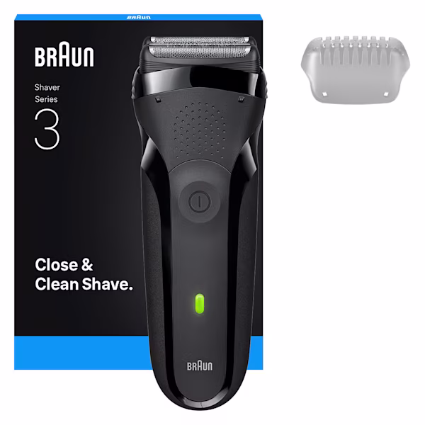 Braun Series 3 Rasierer 300s mit Schutzkappe. Text: Gründliche und glatte Rasur.