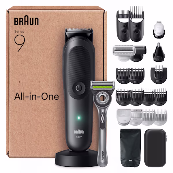 Braun Series 9 All-in-one elektrisches Trimmer-Set mit mehreren Aufsätzen und Gillette Rasierer Braun Series 9 All-in-one elektrisches Trimmer-Set mit mehreren Aufsätzen und Gillette Rasierer