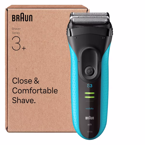 Braun Series 3 3040si Rasierer mit Schutzkappe. Text: Gründliche und angenehme Rasur.