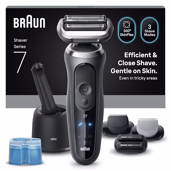 Bild des Series 7 G7865cc Rasierersets mit 4-in-1 SmartCare Reinigungsstation, Reinigungskartusche, Barttrimmer-Aufsatz, Bodygroomer-Aufsatz und 3-Tage-Bart-Trimmer-Aufsatz.