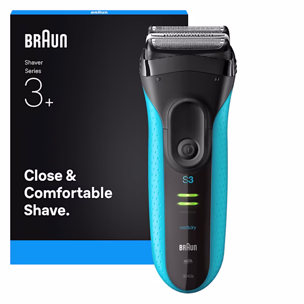 Braun Series 3 3040s Rasierer mit Schutzkappe. Text: Gründliche und angenehme Rasur.