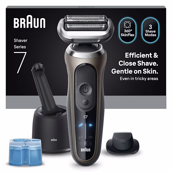 Bild des Series 7 C7200cc Rasierersets mit 4-in-1 SmartCare Reinigungsstation, Reinigungskartusche und Präzisionstrimmer-Aufsatz. Bild des Series 7 C7200cc Rasierersets mit 4-in-1 SmartCare Reinigungsstation, Reinigungskartusche und Präzisionstrimmer-Aufsatz.
