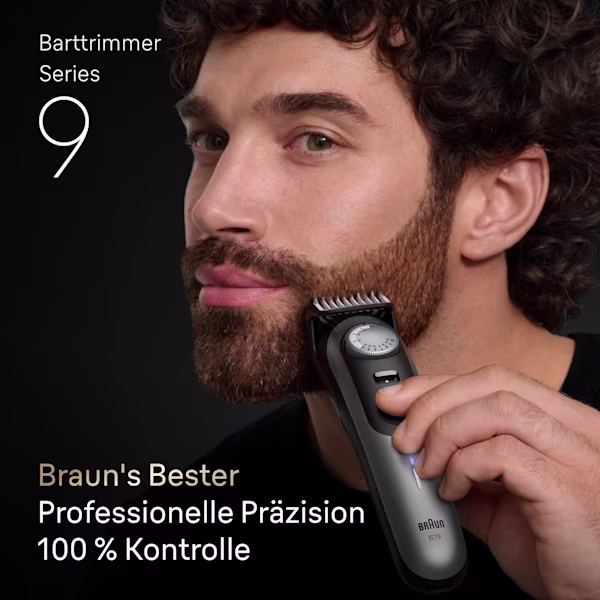 Junger Mann stutzt seinen Bart an einer Gesichtsseite mit dem Braun Series 9 Barttrimmer Junger Mann stutzt seinen Bart an einer Gesichtsseite mit dem Braun Series 9 Barttrimmer