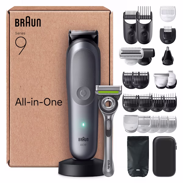 Braun Series 9 All-in-One elektrischer Trimmer und Rasierer mit mehreren Aufsätzen und Reise-Etui. Braun Series 9 All-in-One elektrischer Trimmer und Rasierer mit mehreren Aufsätzen und Reise-Etui.