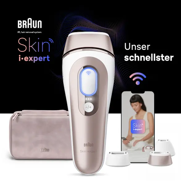 In der Mitte ein IPL-Gerät, dahinter eine beigefarbene Aufbewahrungstasche, ein Handy mit der Skin i·expert App und drei Aufsätze