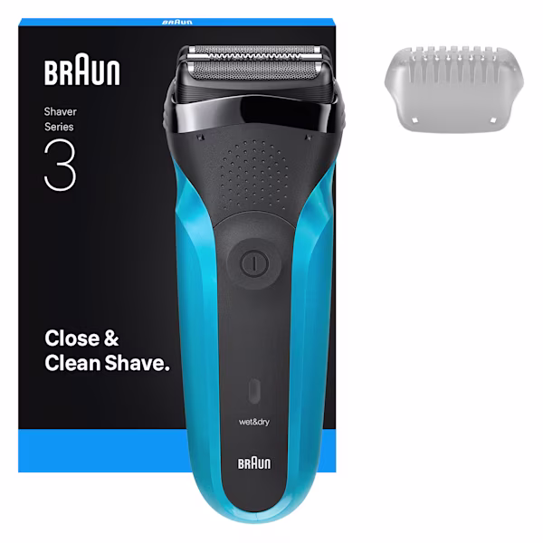 Braun Series 3 Rasierer 310s mit Schutzkappe. Text: Gründliche und glatte Rasur. Braun Series 3 Rasierer 310s mit Schutzkappe. Text: Gründliche und glatte Rasur.