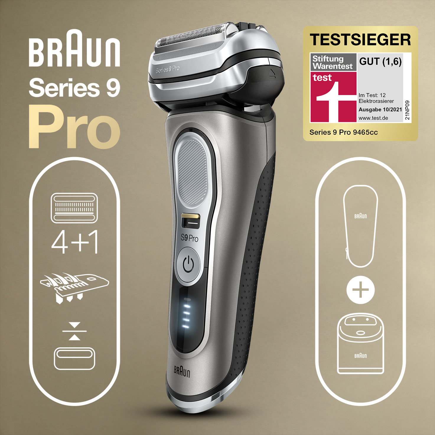 Braun Series 9 Pro+ Rasierer Herren, Elektrorasierer mit 5 Pro  Rasierelementen, Langhaarschneider ProTrimmer, Ladestation, 60 Min  Laufzeit, Wet & Dry