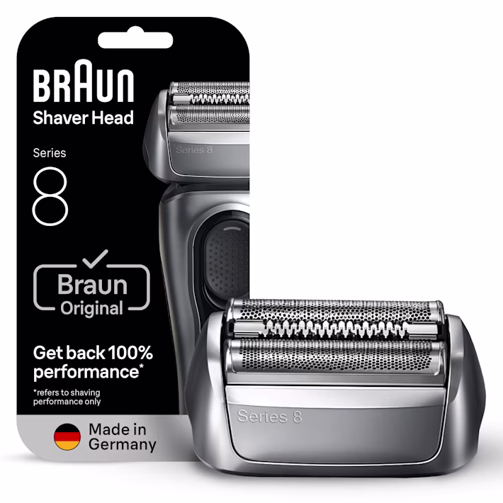 Braun Series 8 Ersatz-Scherkopf in Verpackung, stellt 100 % Leistung wieder her, hergestellt in Deutschland. Braun Series 8 Ersatz-Scherkopf in Verpackung, stellt 100 % Leistung wieder her, hergestellt in Deutschland.