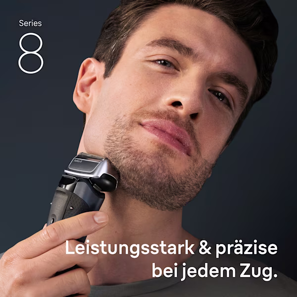 Mann rasiert sich mit einem Series 8 Rasierer. Text: Leistungsstark & präzise bei jedem Zug. Mann rasiert sich mit einem Series 8 Rasierer. Text: Leistungsstark & präzise bei jedem Zug.