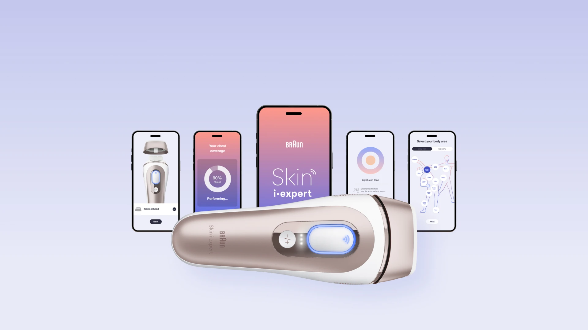 Braun Skin i·expert im Vordergrund und unterschiedliche Telefondisplays mit der Skin-i-expert-App im Hintergrund.