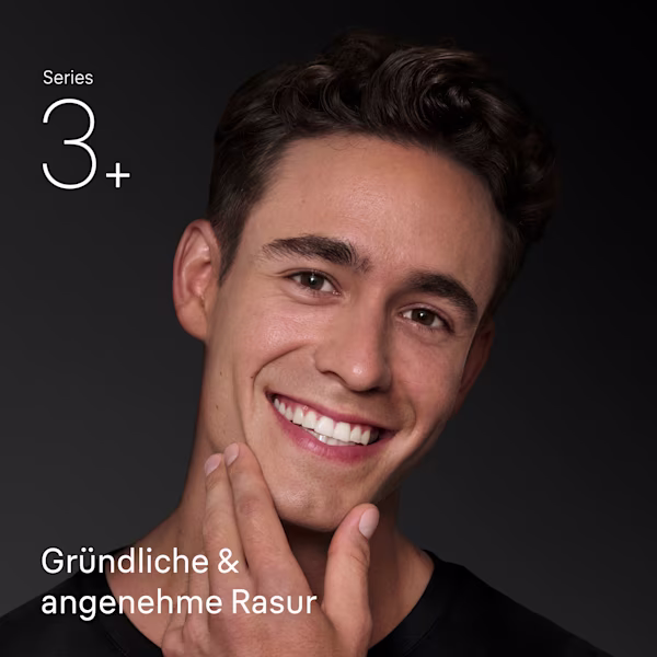 Ein lächelnder Mann berührt sein rasiertes Gesicht. Text: 'Series 3+. Gründliche & angenehme Rasur.' Ein lächelnder Mann berührt sein rasiertes Gesicht. Text: 'Series 3+. Gründliche & angenehme Rasur.'