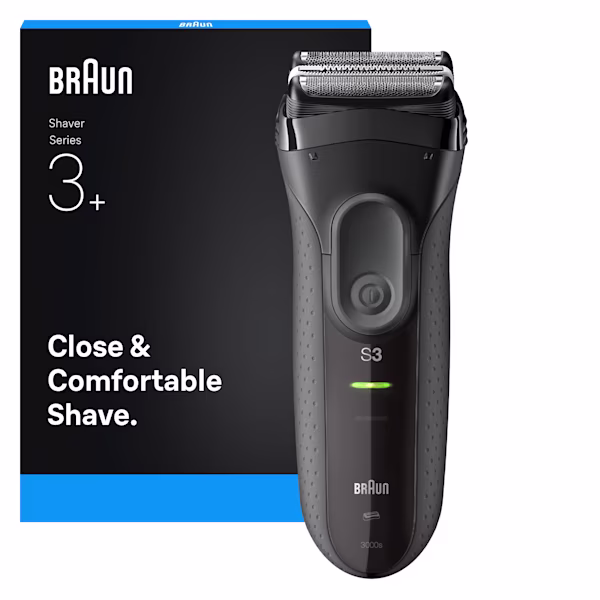 Braun Series 3 3000s Rasierer mit Schutzkappe. Text: Gründliche und angenehme Rasur.