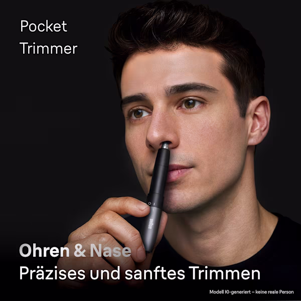 Mann trimmt seine Nasenhärchen mit dem Braun Ohr- und Nasentrimmer. Mann trimmt seine Nasenhärchen mit dem Braun Ohr- und Nasentrimmer.