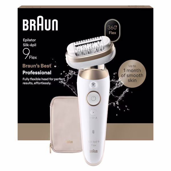 Vorderansicht des Silk·épil 9 Flex mit Aufbewahrungstasche und Verpackung hinter dem Rendering auf weißem Hintergrund. Vorderansicht des Silk·épil 9 Flex mit Aufbewahrungstasche und Verpackung hinter dem Rendering auf weißem Hintergrund.